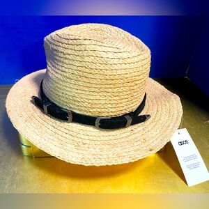ASOS Natural Straw Panama Hat NWT  with Western Black Buckle Band Size M